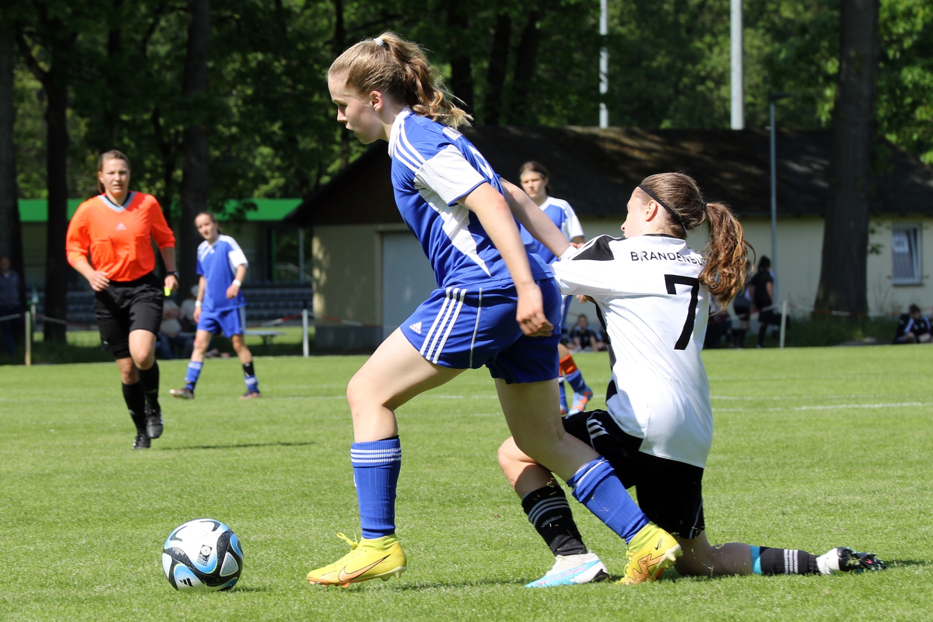 [{"clang_id":1,"value":"Zwei Fußballspielerinnen kämpfen um den Ball auf einem Rasenplatz. Im Hintergrund weitere Spieler und ein Schiedsrichter."}]