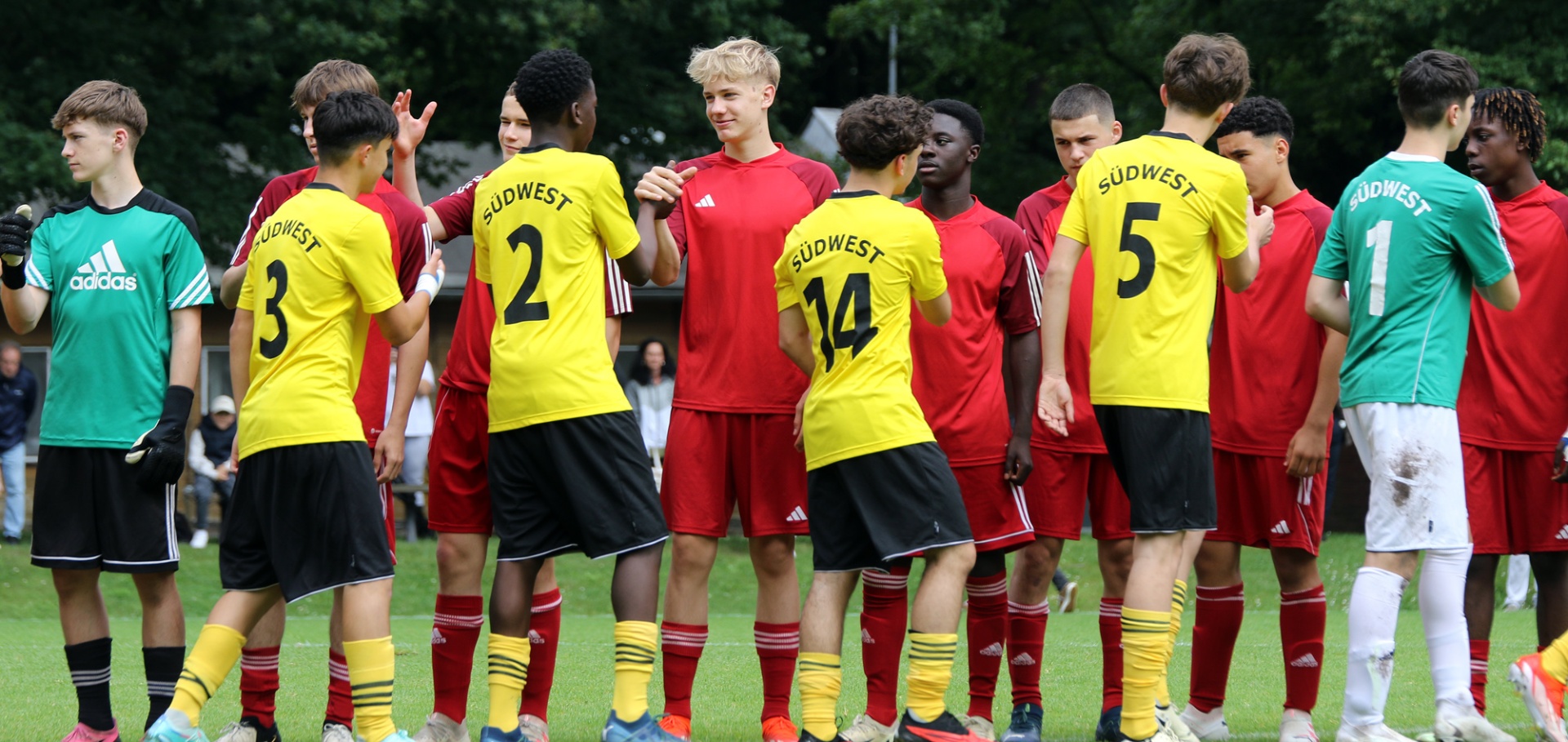 [{"clang_id":1,"value":"Fußballspieler stehen sich gegenüber. Links ein Spieler in grün-schwarzem Trikot, rechts in rot-gelben Trikots. Alle tragen kurze Hosen und Sportschuhe."}]