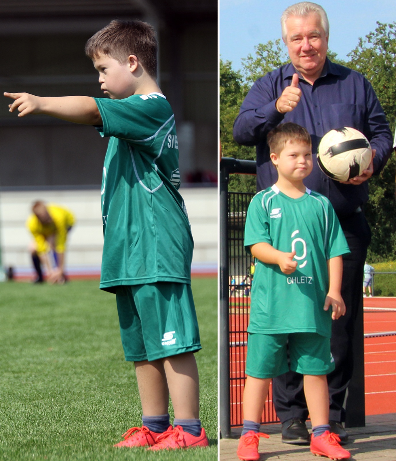 [{"clang_id":1,"value":"Junge im Fußballtrikot, links auf dem Spielfeld, rechts mit älterem Mann und Fußball. Beide tragen rote Schuhe."}]