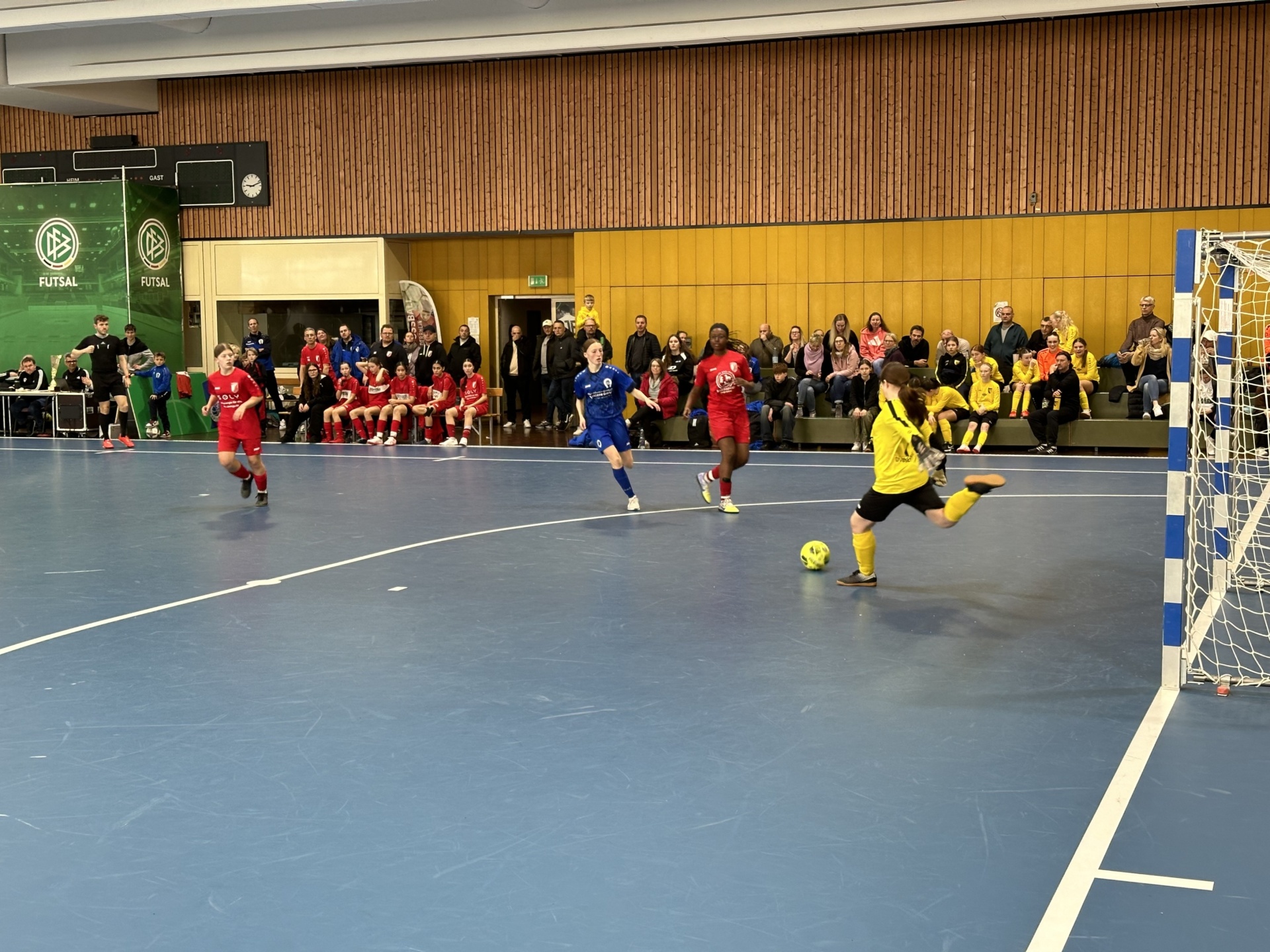 [{"clang_id":1,"value":"Futsal-Spiel in Sporthalle. Spieler in blau und rot kämpfen um Ball vor dem Tor. Zuschauerränge gefüllt mit Menschen."}]