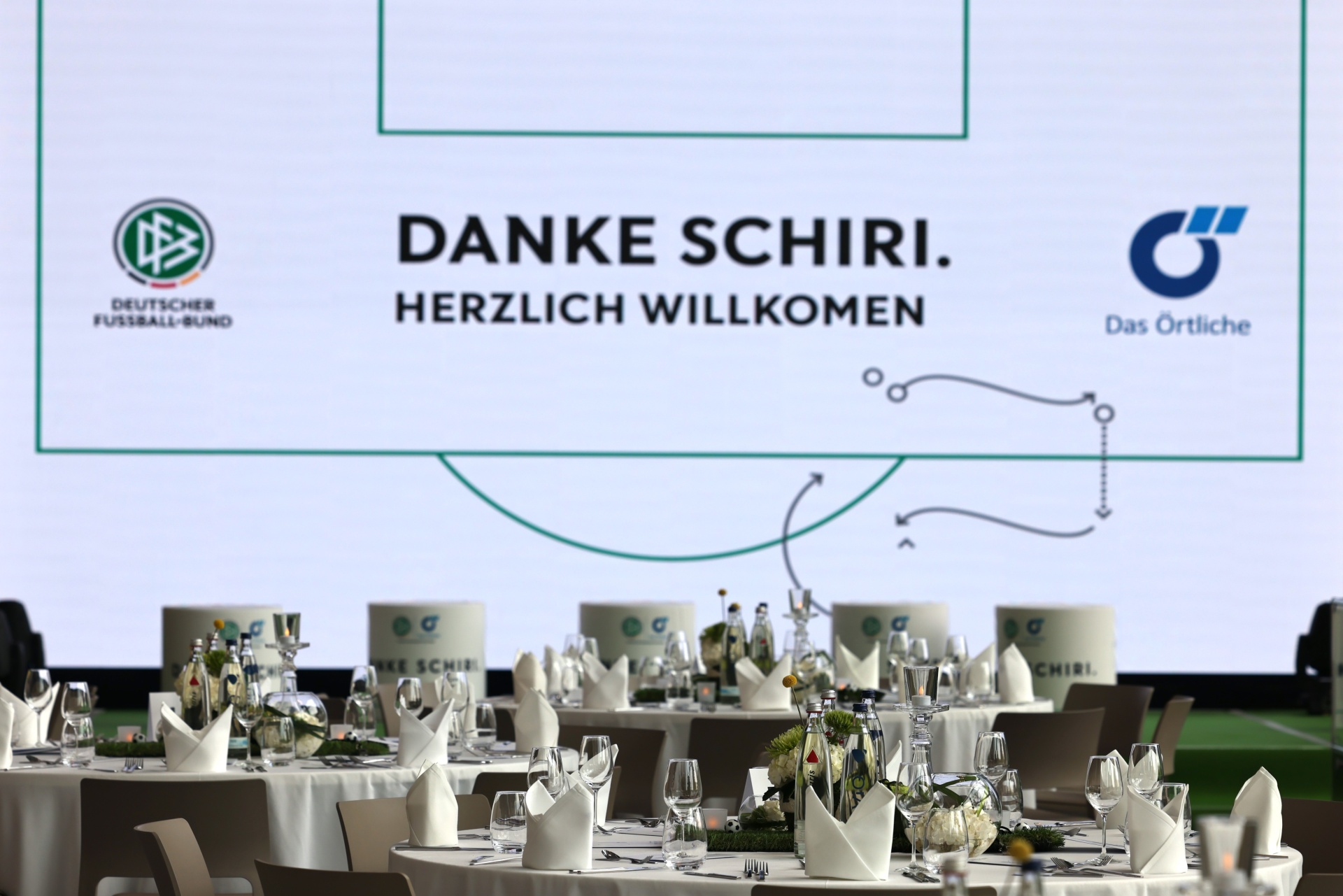 [{"clang_id":1,"value":"Festsaal mit gedeckten Tischen. Im Hintergrund eine Leinwand mit Fußballfeldabbildung und Text \"Danke Schiri. Herzlich Willkommen\". Logos von Fußballbund und \"Das Örtliche\" sichtbar."}]
