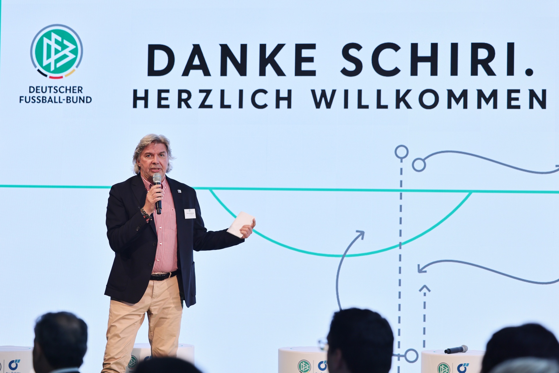 [{"clang_id":1,"value":"Mann mit Mikrofon vor Leinwand. Auf der Leinwand steht \"DANKE SCHIRI. HERZLICH WILLKOMMEN\" und das Logo des Deutschen Fußball-Bunds. Fußballfeldlinien sind angedeutet."}]