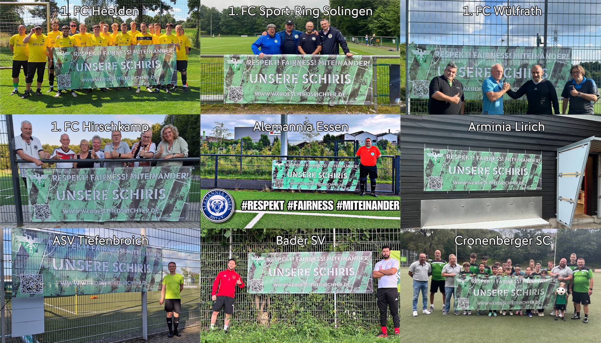 [{"clang_id":1,"value":"Zehn Gruppenfotos von Fußballteams mit Schiedrichtern. Jedes Foto zeigt eine andere Mannschaft vor einem Fußballfeld oder -tor. Ein Spruch auf den Fotos lautet \"Unsere Schiris\"."}]