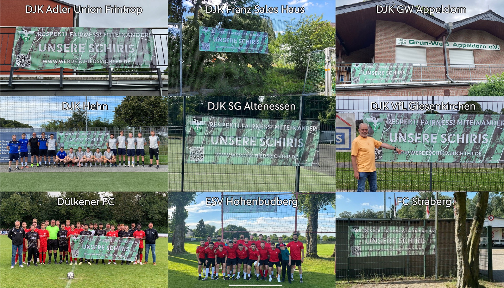 [{"clang_id":1,"value":"Kollage von neun Fotos von Fußballmannschaften vor ihren jeweiligen Vereinsgebäuden oder Spielfeldern mit Bannern."}]