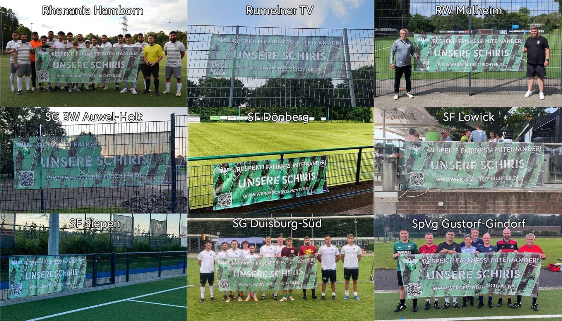 [{"clang_id":1,"value":"Gruppenfoto von Fußballschiedsrichtern vor verschiedenen Sportplätzen mit Spruchbanner \"UNSERE SCHIRIS\"."}]