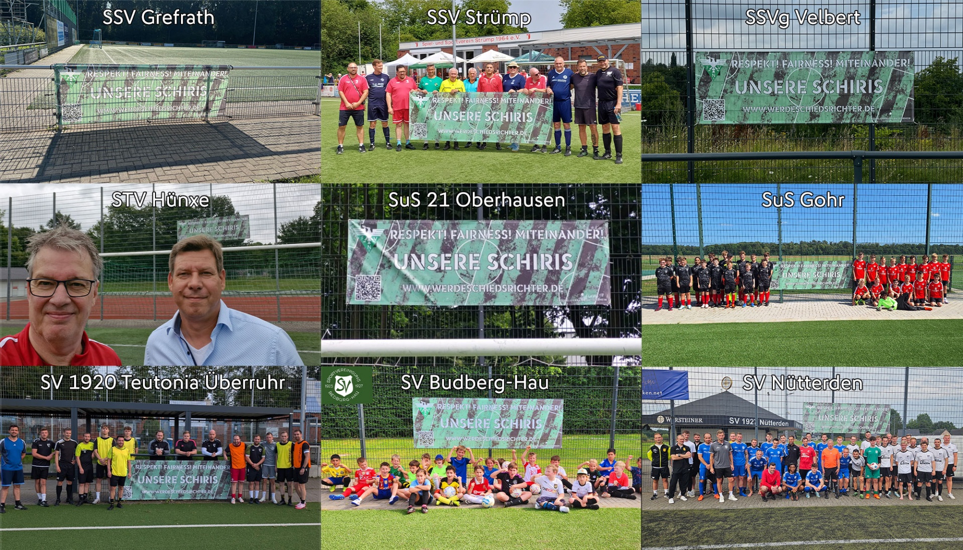 [{"clang_id":1,"value":"Collage aus neun Fotos von Fußballvereinen und -teams. Jedes Bild zeigt Vereinsmitglieder oder -funktionäre vor oder auf einem Fußballfeld mit Spruchband."}]