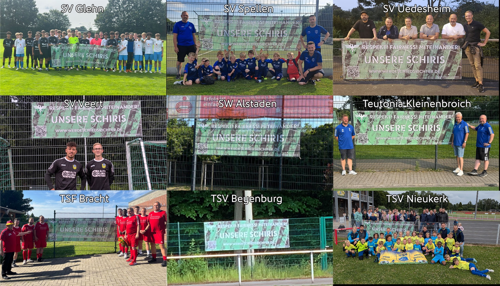 [{"clang_id":1,"value":"Neun Fotos von Fußballmannschaften vor Stadionhintergrund mit Schriftzug \"UNSERE SCHIRIS\". Teams tragen verschiedene Vereinsfarben."}]