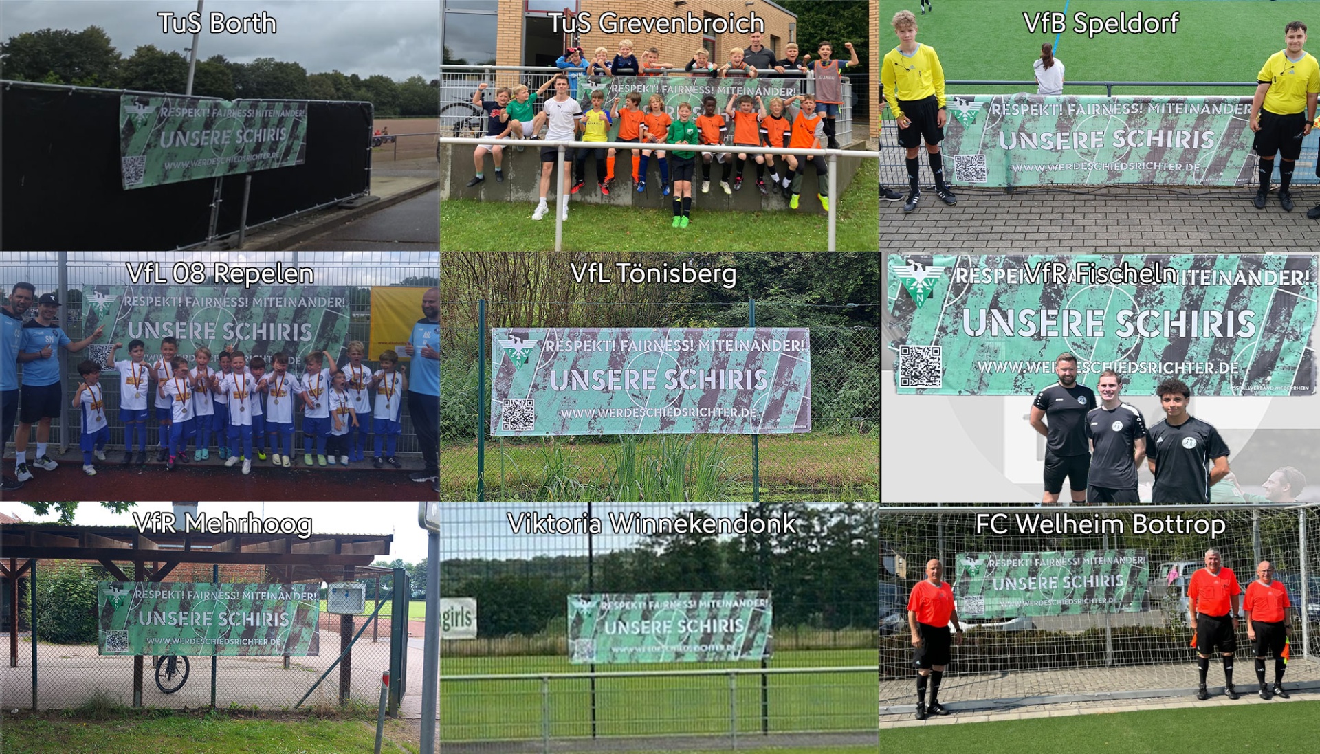 [{"clang_id":1,"value":"Neun Fotos von Fußballmannschaften mit Werbebanner \"UNSERE SCHIRIS\". Verschiedene Altersgruppen, geschlechtergemischt, im Freien auf Sportplätzen."}]