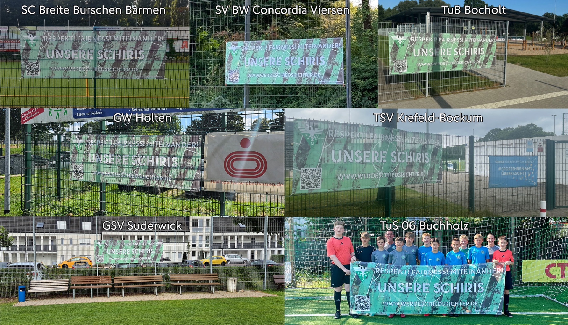 [{"clang_id":1,"value":"Collage aus Fußballstadien und -vereinen. Mehrere Banner mit Aufschrift \"UNSERE SCHIRIS\" sind zu sehen. Mannschaften stehen auf dem Spielfeld oder davor."}]