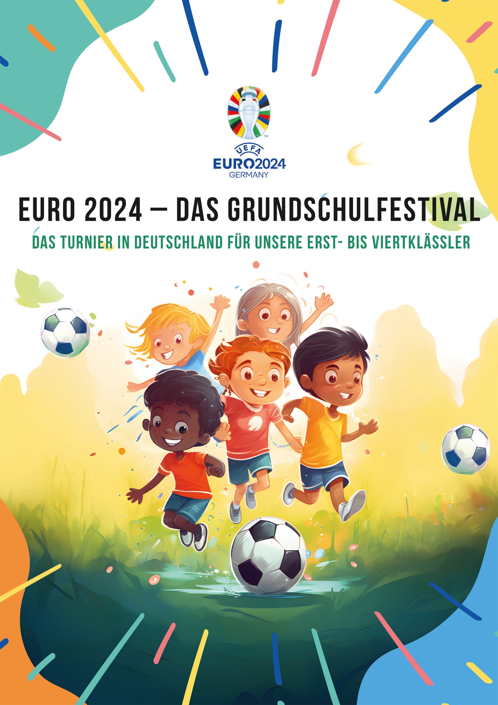 [{"clang_id":1,"value":"EURO 2024 Grundschulfestival: Gruppe lachender Kinder spielt Fußball auf grünem Rasen. UEFA-Logo und Text \"Das Turnier in Deutschland für unsere Erst- bis Viertklässler\"."}]