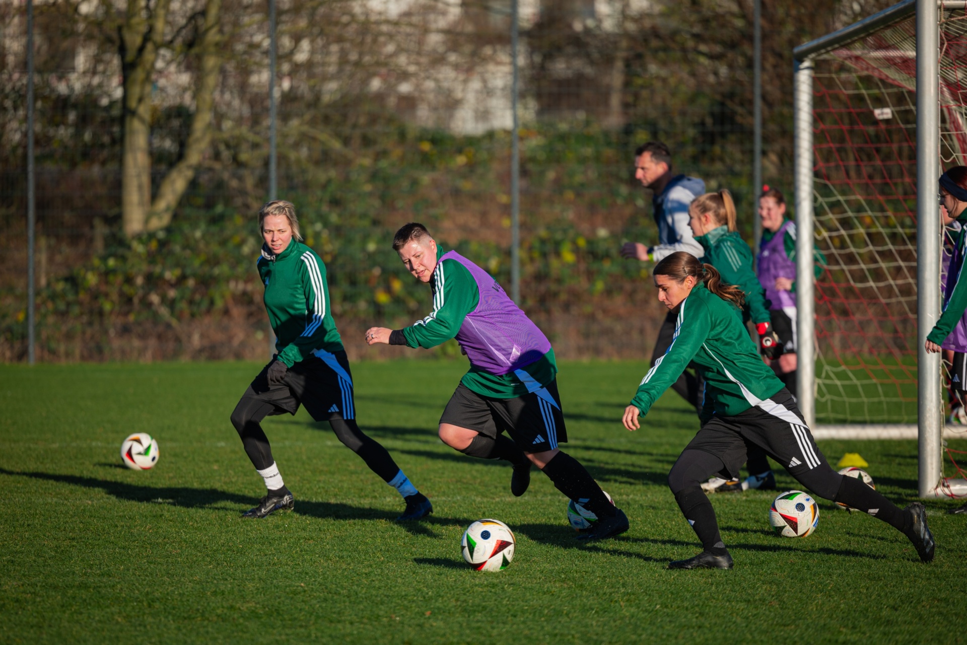 [{"clang_id":1,"value":"Fußballtraining: Drei Sportler*innen dribbeln auf grünem Rasen mit Ball. Im Hintergrund weitere Personen und ein Fußballtor."}]