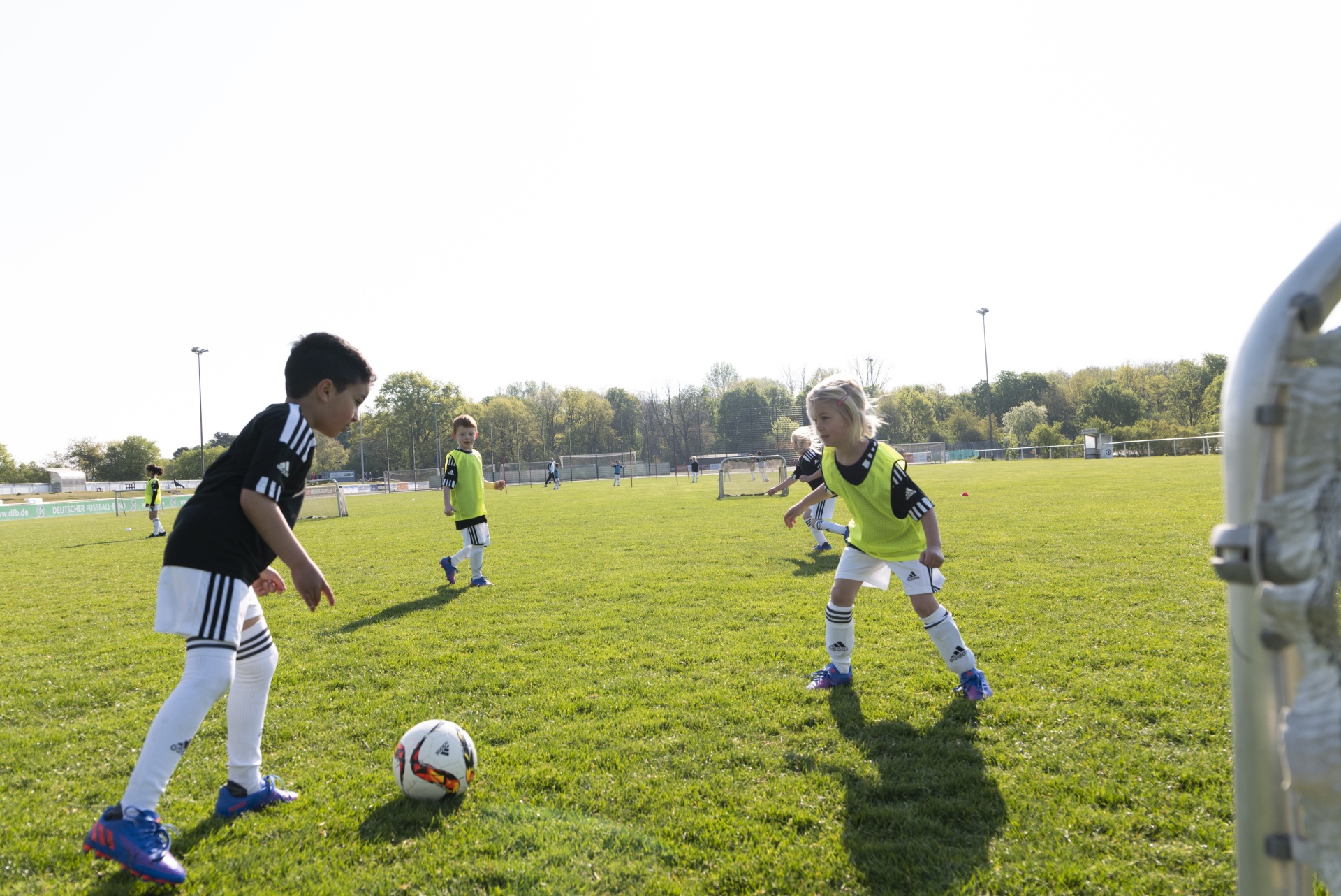 [{"clang_id":1,"value":"Fußballtraining mit Kindern auf grünem Rasenfeld. Ein Junge dribbelt den Ball, ein Mädchen steht ihm gegenüber. Im Hintergrund weitere Kinder und Bäume."}]