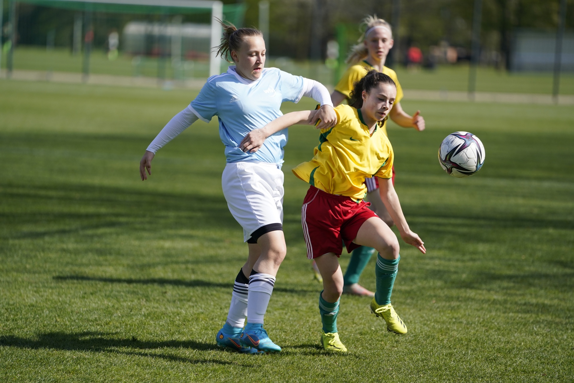 [{"clang_id":1,"value":"Zwei Fußballspielerinnen kämpfen um den Ball auf einem grünen Rasen. Im Hintergrund weitere Spieler und ein Fußballtor."}]