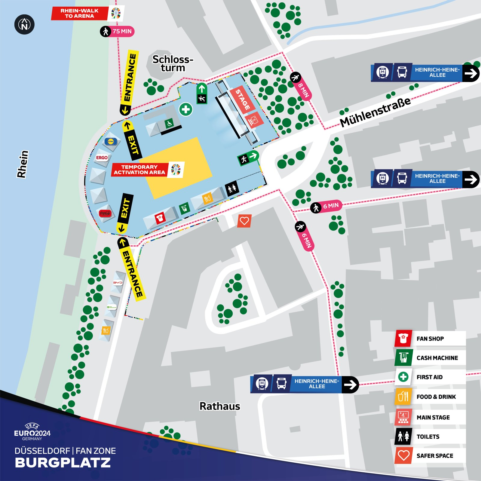 [{"clang_id":1,"value":"Plan des EURO 2024 Fan Zone Burgplatz in Düsseldorf. Zeigt Wege, Eingänge, Ausgänge, Toiletten, Erste Hilfe, Fan Shop, Bühne, Raststätten und Gehzeiten."}]