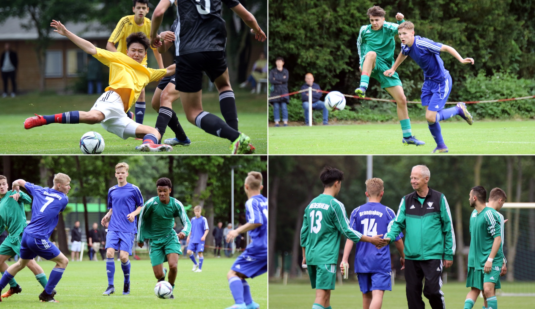 [{"clang_id":1,"value":"Fußballspiel: Vier Szenen mit Spielern in grünen und blauen Trikots beim Dribbeln, Grätschen und in einer Trainerbesprechung auf einem Rasenplatz."}]