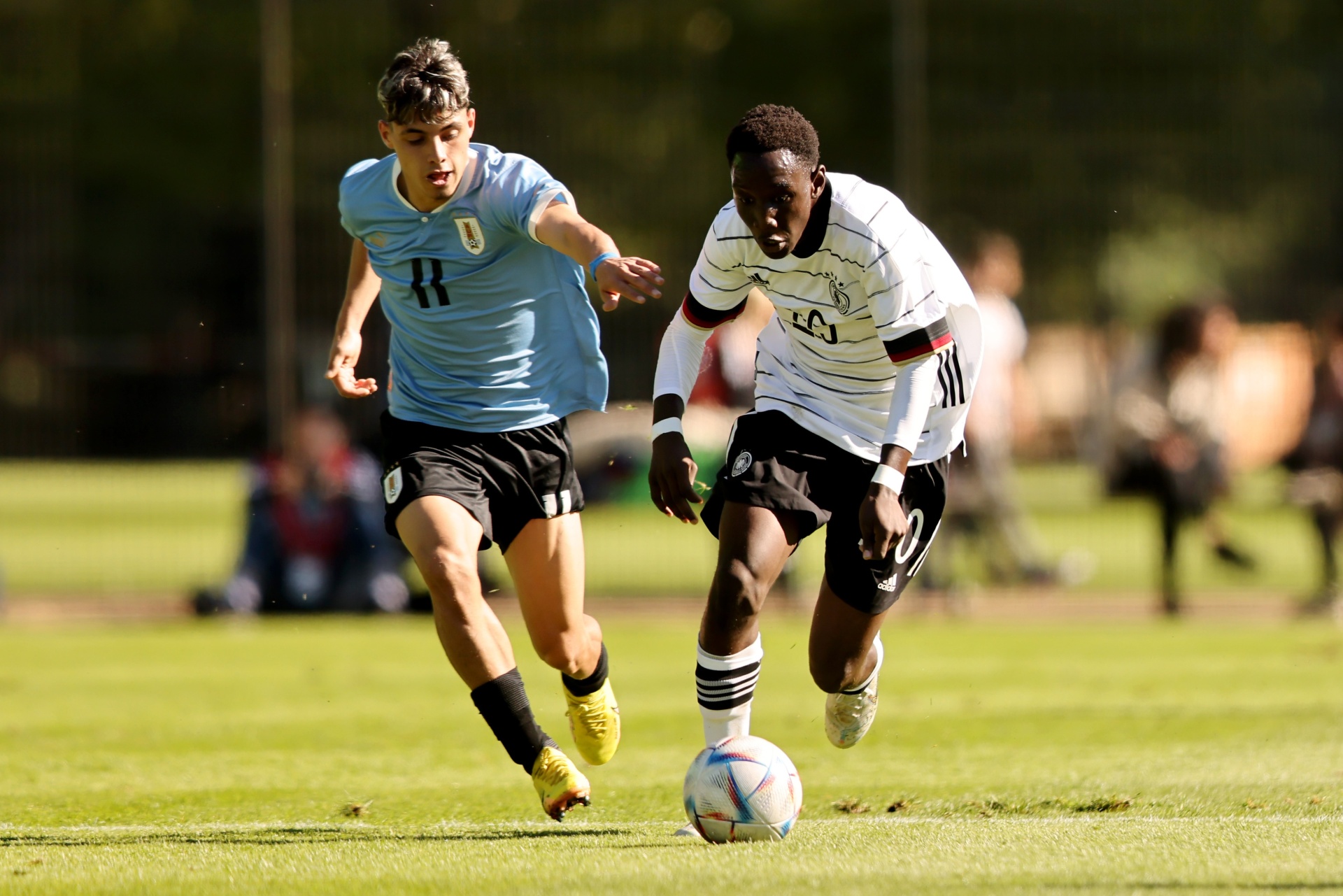 [{"clang_id":1,"value":"Zwei Fußballspieler auf grünem Rasen. Links ein Spieler mit blauem Trikot, rechts ein Spieler in schwarz-weißem Trikot mit Ball. Im Hintergrund verschwommene Zuschauer und Bäume."}]
