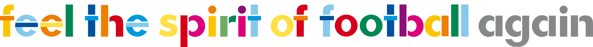 [{"clang_id":1,"value":"Text \"feel the spirit of football again\" in bunten Buchstaben auf schwarzem Hintergrund, doppelt hintereinander angeordnet."}]