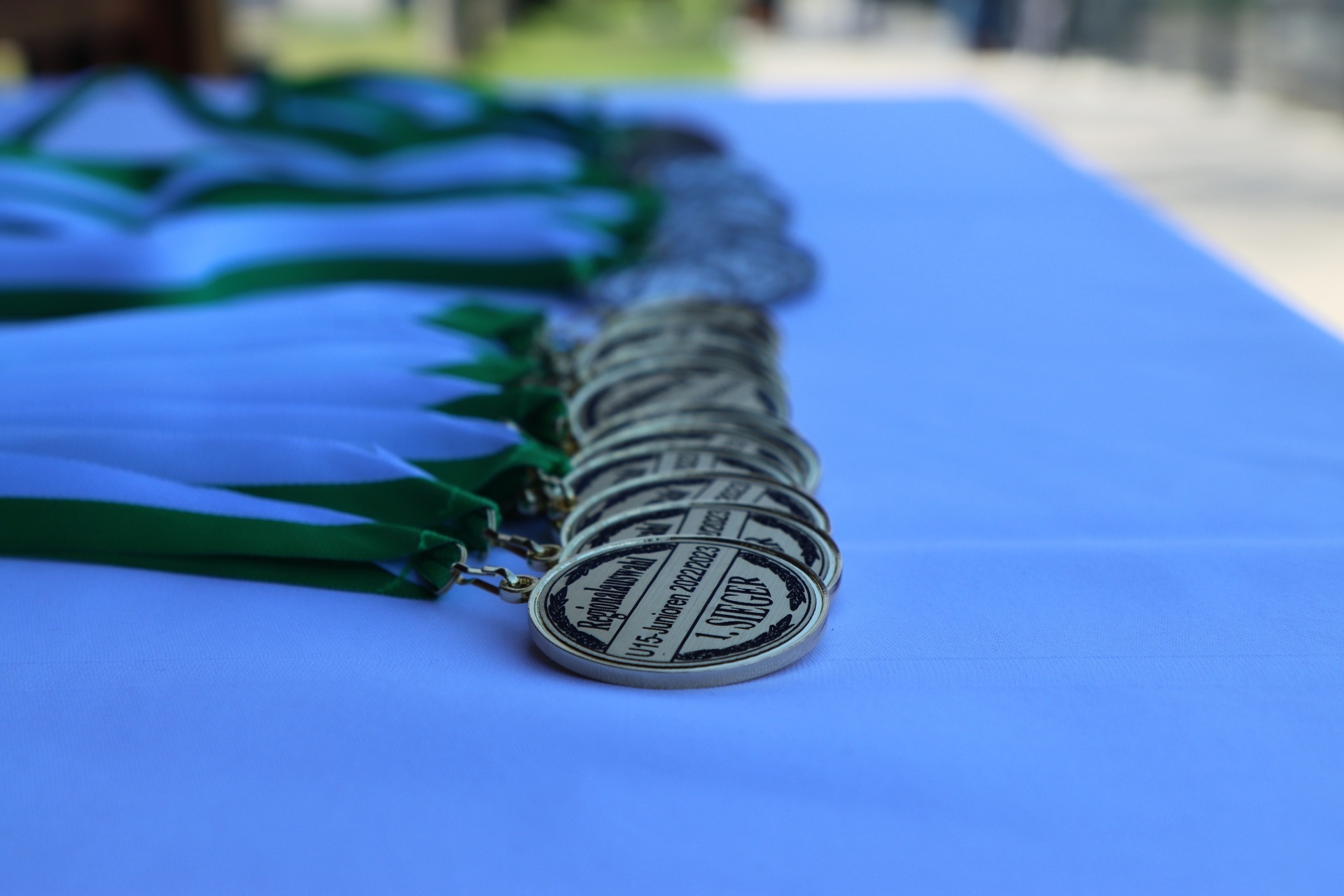 [{"clang_id":1,"value":"Medaille mit grünem Band, beschriftet mit \"Registrierung, U.S. Airborne 2022/2023\". Teilweise Dollar-Noten umwickelt."}]