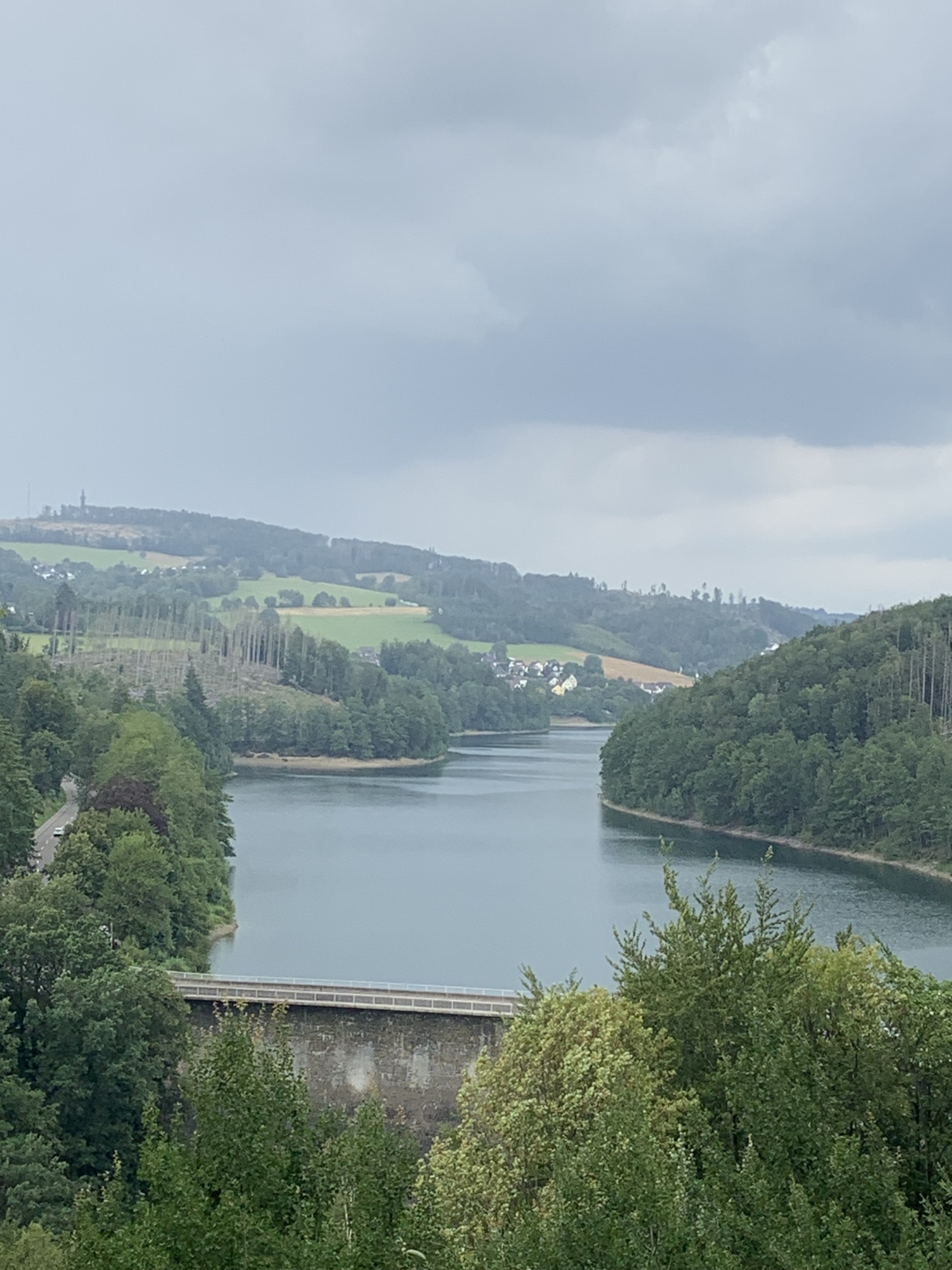 [{"clang_id":1,"value":"Stausee mit Damm, umgeben von bewaldeten Hügeln. Bewölkter Himmel."}]