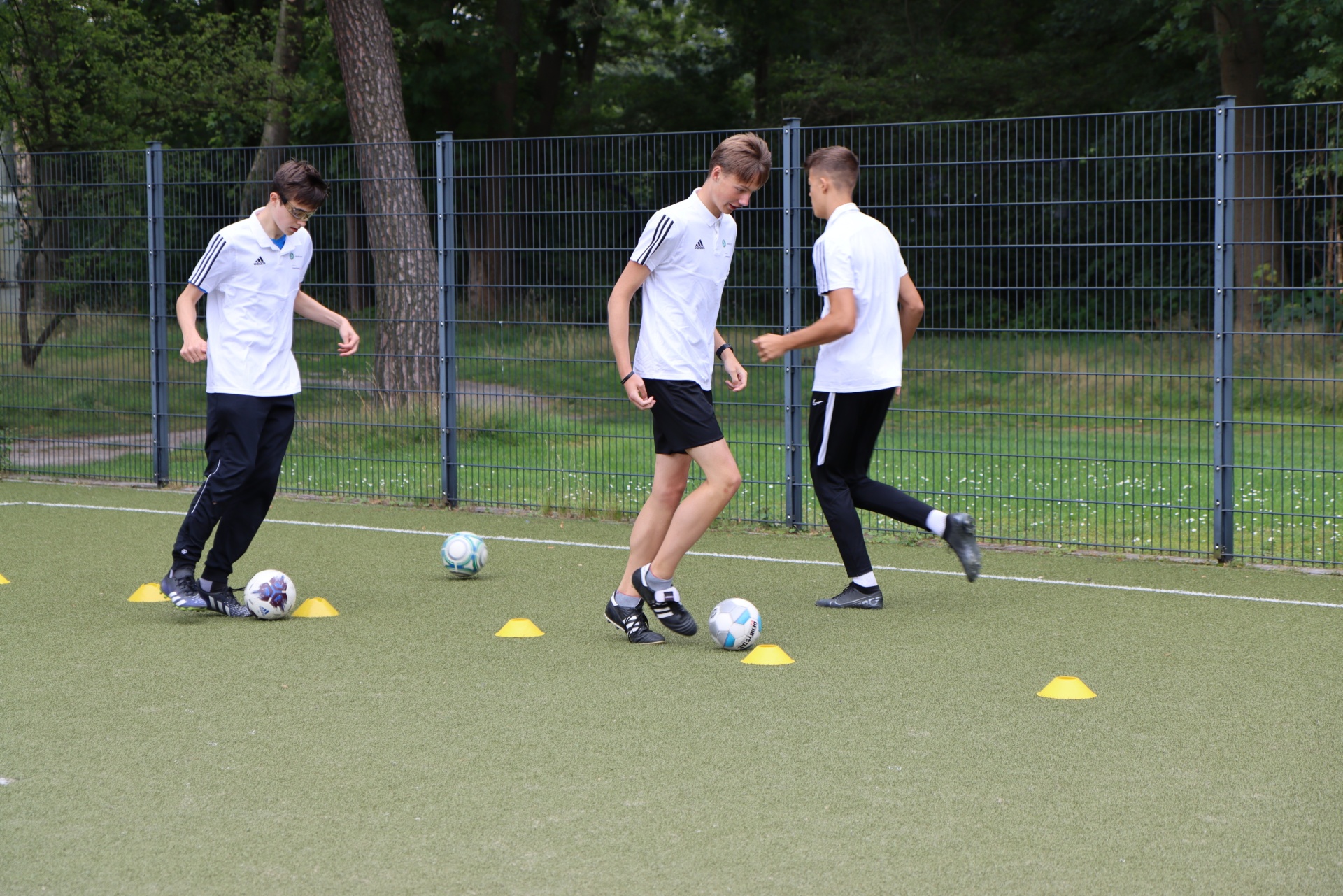 [{"clang_id":1,"value":"Drei Jugendliche trainieren Fußball auf einem grünen Kunstrasenplatz. Sie dribbeln Bälle um gelbe Markierungshütchen. Im Hintergrund ein Zaun und Bäume."}]
