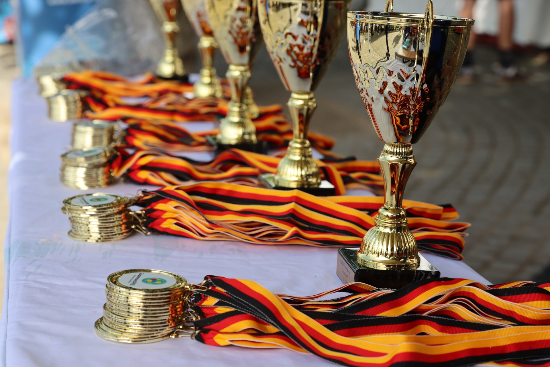 [{"clang_id":1,"value":"Pokale und Medaillen auf einem Tisch. Die Pokale sind golden und silbern, verziert mit orangen Mustern. Bunte Bänder liegen dazwischen."}]