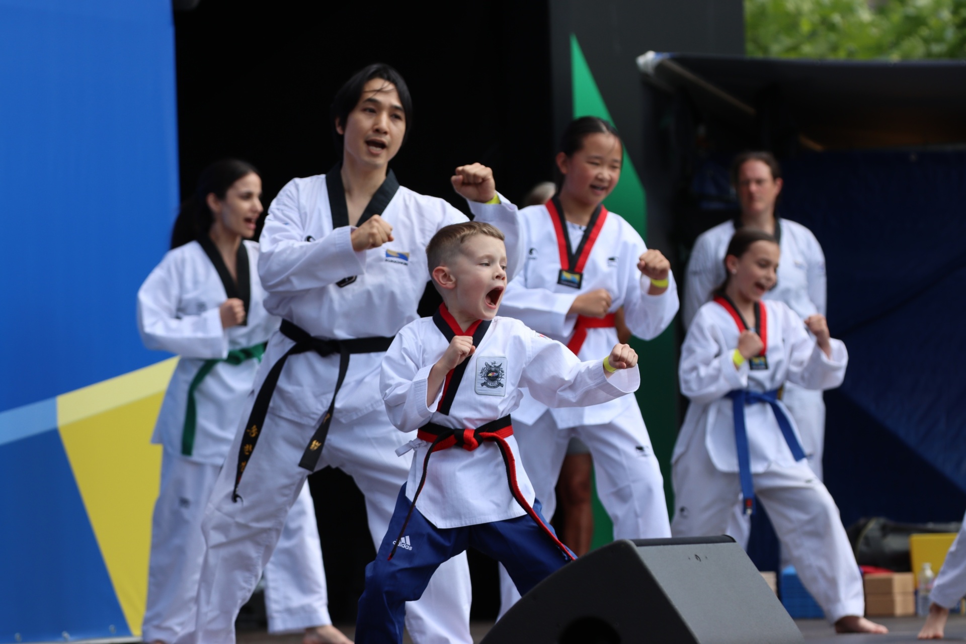 [{"clang_id":1,"value":"Taekwondo-Gruppe in weißen Uniformen und farbigen Gürteln auf einer Bühne. Ein Kind schreit enthusiastisch in der Mitte, umgeben von Erwachsenen und einem anderen Kind."}]