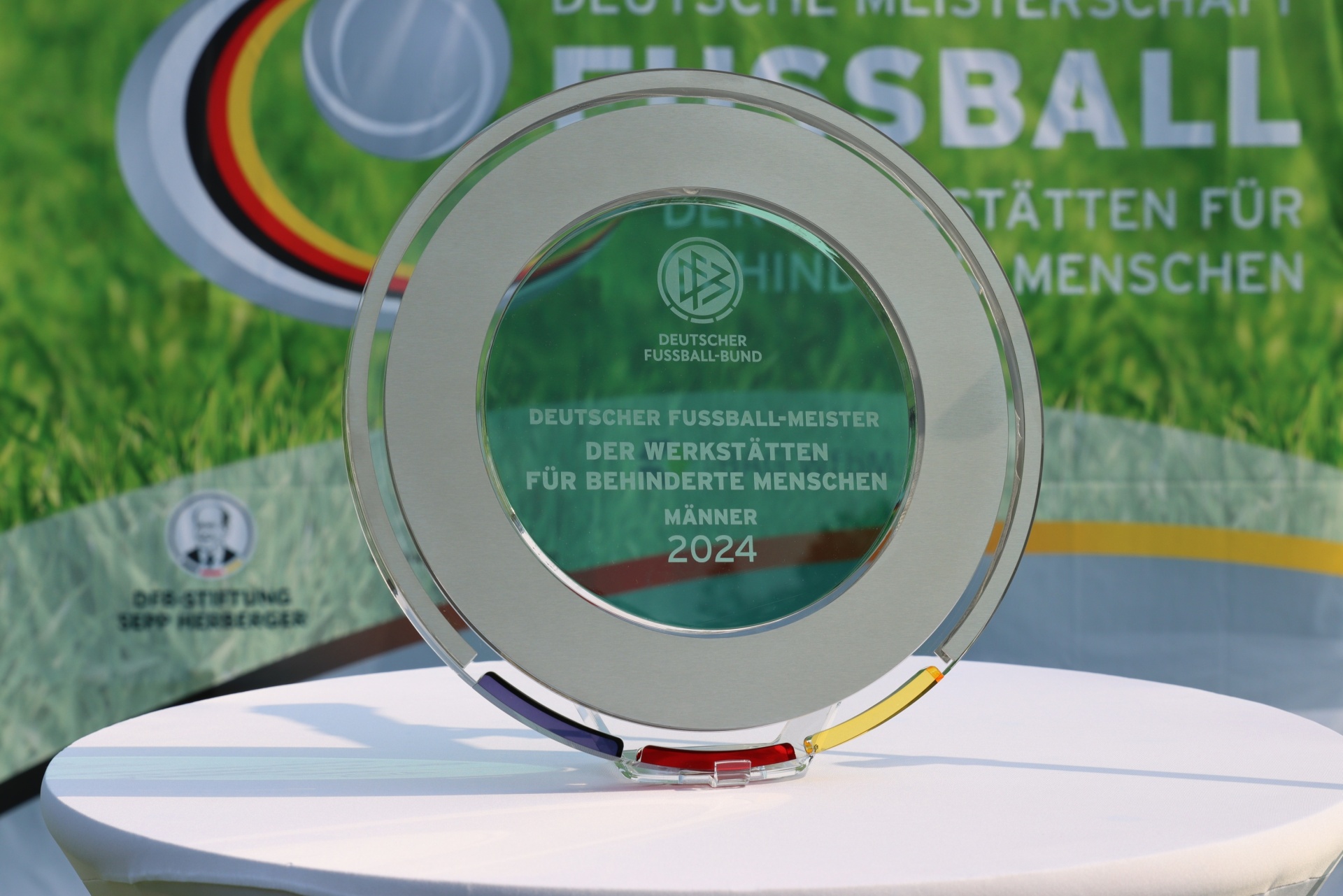 [{"clang_id":1,"value":"Pokal \"Deutscher Fußball-Meister der Werkstätten für behinderte Menschen 2024\". Silberner Teller auf grünem Fußballrasen, mit Logo des Deutschen Fußball-Bundes."}]