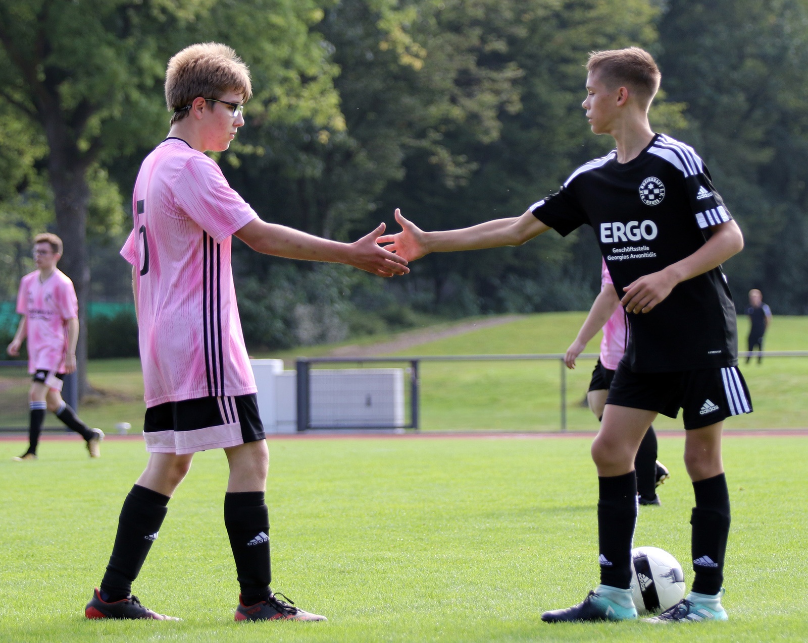 [{"clang_id":1,"value":"Zwei junge Fußballspieler im Gras begrüßen sich mit Handschlag. Im Hintergrund weitere Spieler und Baumreihe."}]