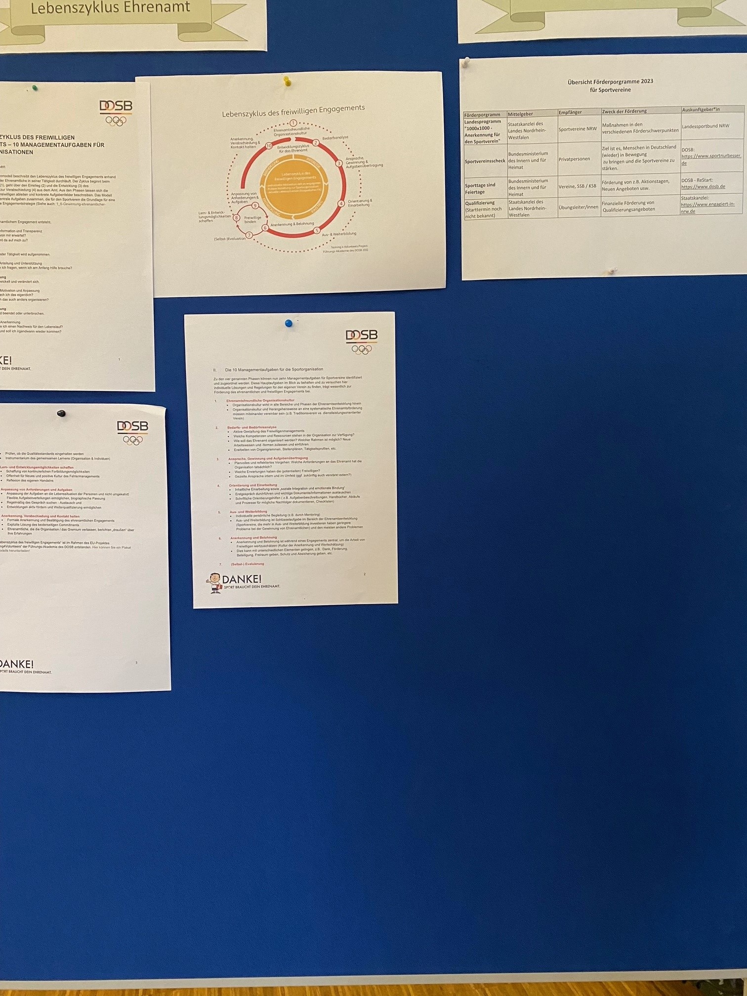 [{"clang_id":1,"value":"Blaue Wand mit angepinnten Informationsblättern des DOSB (Deutsches Olympisches Sportbund) zu Themen wie Ehrenamt, Lebenszyklus und Dankes-Initiative."}]