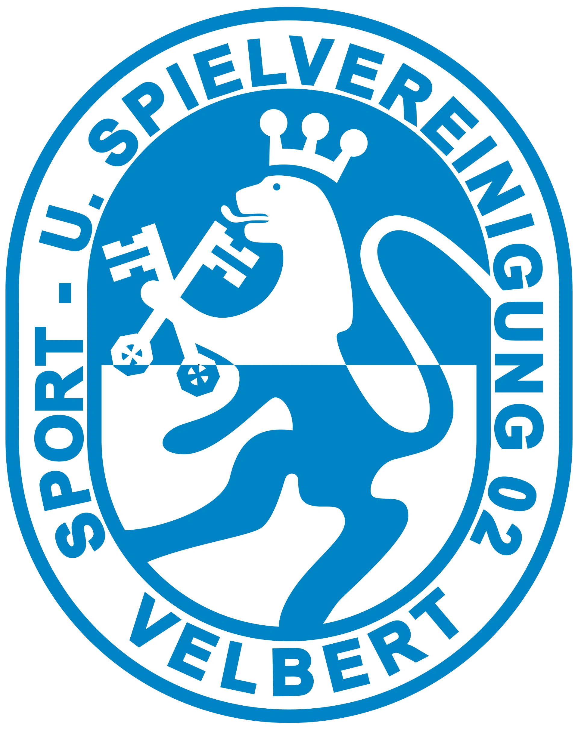 Blaues Vereinslogo mit silbernem Löwen, Krone und gekreuzten Hämmern im Schild.