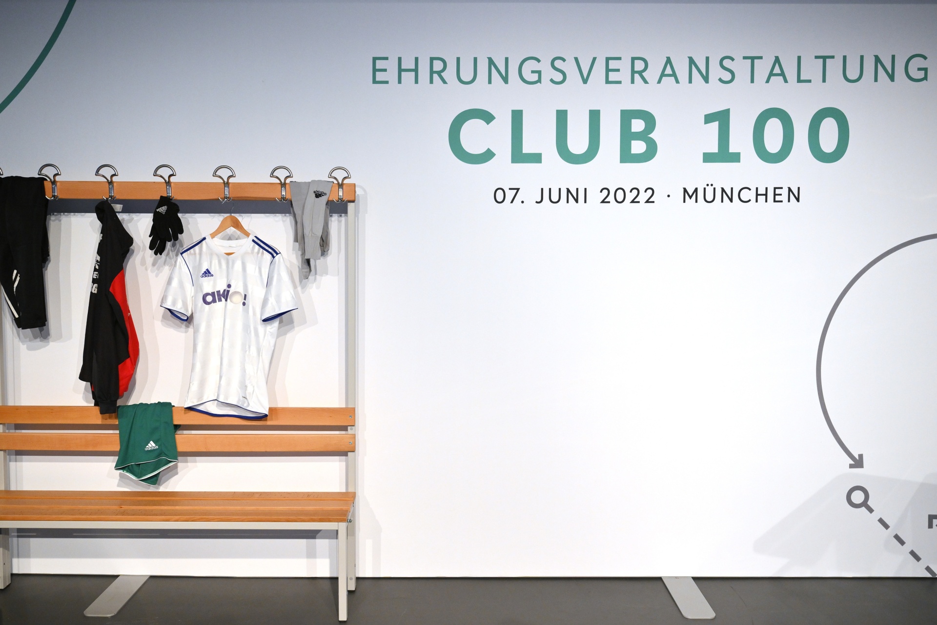 [{"clang_id":1,"value":"Raum mit hellblauer Wand. Schriftzug \"CLUB 100\", Datum \"07. Juni 2022, München\". Darunter eine Bank mit aufgehängter Sportbekleidung. Rechte Seite abstrakte Grafik."}]