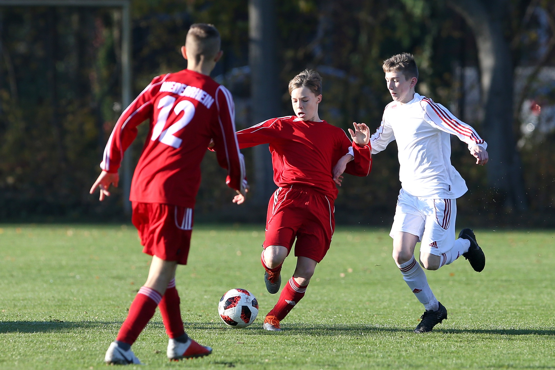 [{"clang_id":1,"value":"Drei Jugendfußballspieler auf Rasenfeld. Links und Mitte tragen rote Trikots, rechts weiß-rotes. Mittlerer Spieler dribbelt den Ball. Im Hintergrund Bäume."}]