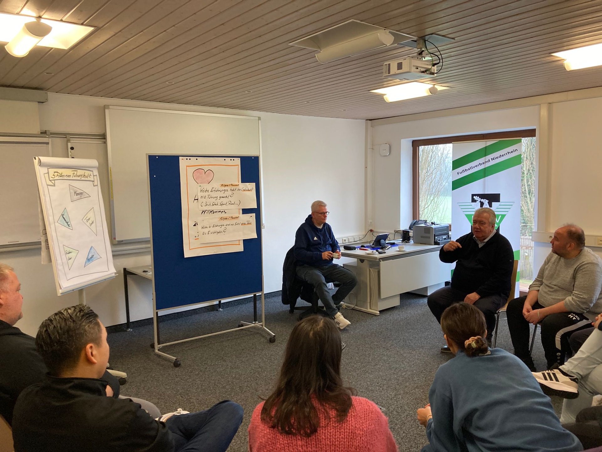 [{"clang_id":1,"value":"Besprechung in einem hellen Raum. Eine Gruppe von ca. acht Männern sitzt im Kreis vor Whiteboards und einem Tisch mit Laptop. Ein Mann spricht."}]
