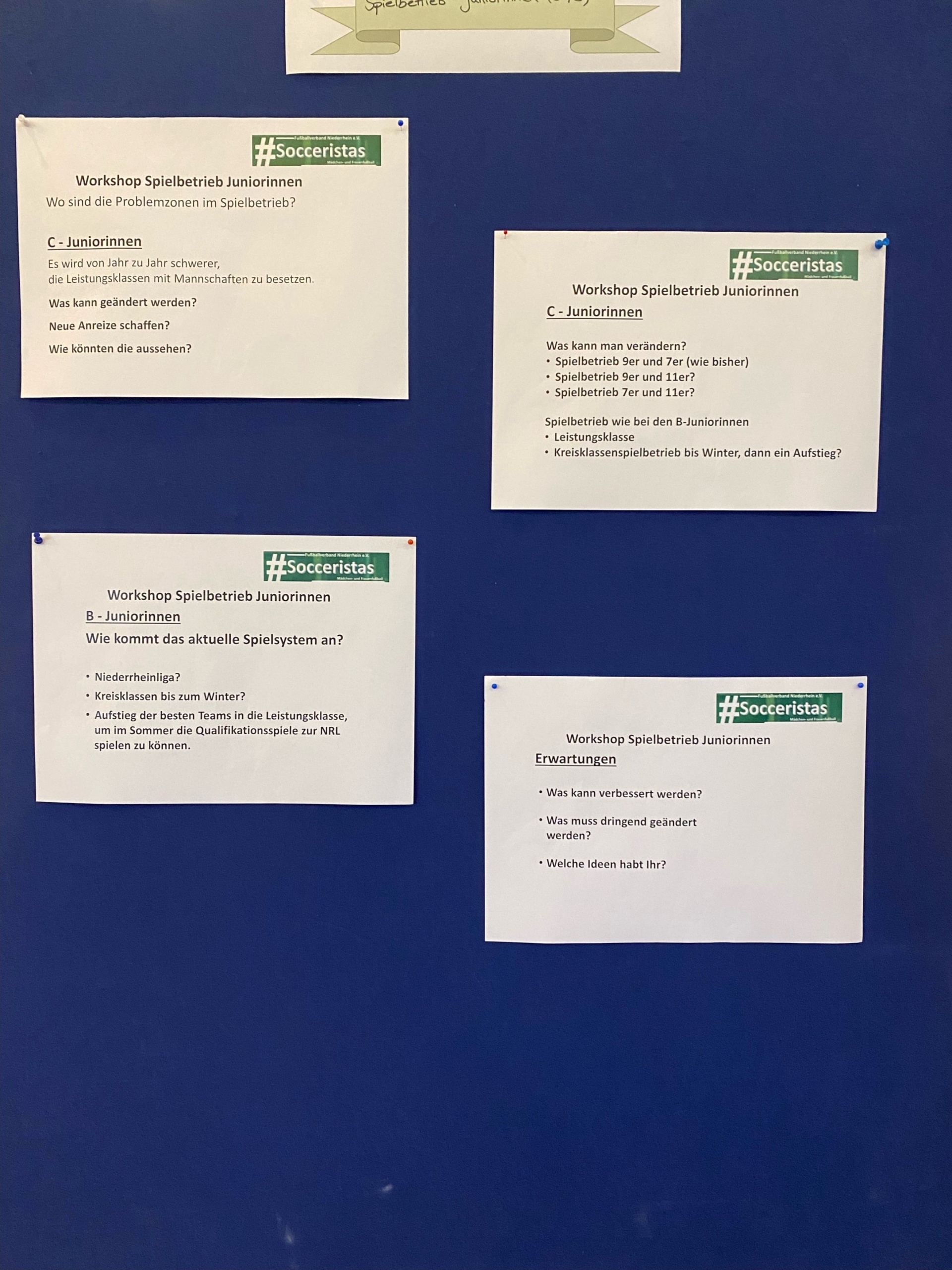 [{"clang_id":1,"value":"Mehrere farbige Flyer liegen auf einem dunklen Holztisch. Die Flyer tragen den Titel \"Workshop Spielbetrieb Juniorinnen\" und thematisieren Fußball-Spielsysteme und -planung."}]