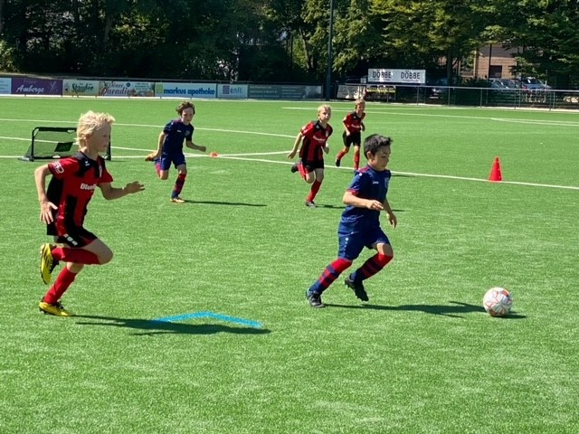 [{"clang_id":1,"value":"Fußballspiel: Vier spielende Kinder auf grünem Rasenfeld, zwei mit rotem/schwarzem Trikot, zwei mit blauem. Ball im Vordergrund. Hintergrund: Werbung, Bäume."}]