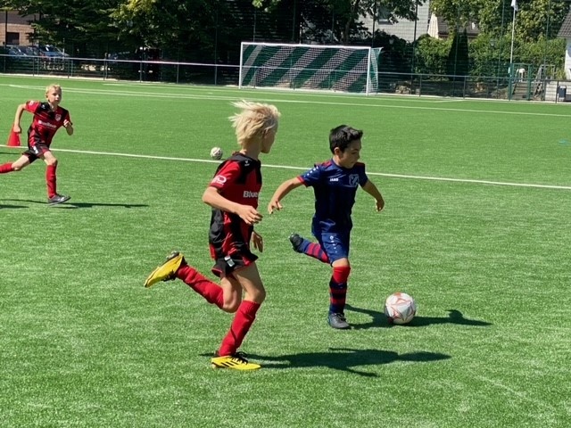 [{"clang_id":1,"value":"Zwei junge Fussballspieler auf grünem Rasen. Links ein Spieler in Rot, rechts in Blau, beide in Bewegung, verfolgen einen Ball. Hintergrund: Fussballtor und Bäume."}]