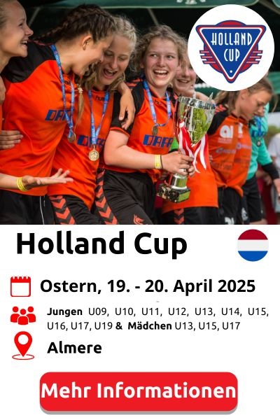 [{"clang_id":1,"value":"Holland Cup: Jugendfußballturnier für Jungen und Mädchen (U9-U19) vom 19.-20. April 2025 in Almere. Jubelnde Fußballspielerinnen mit Pokal im Vordergrund."}]