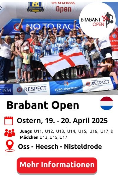 [{"clang_id":1,"value":"Brabant Open Fußballturnier. Jugendmannschaften mit Fahnen (England, Niederlande) stehen lächelnd vor einem Banner mit Anti-Rassismus-Botschaft. Datum: 19.-20. April 2025, Ort: Oss-Heesch-Nistelrode."}]
