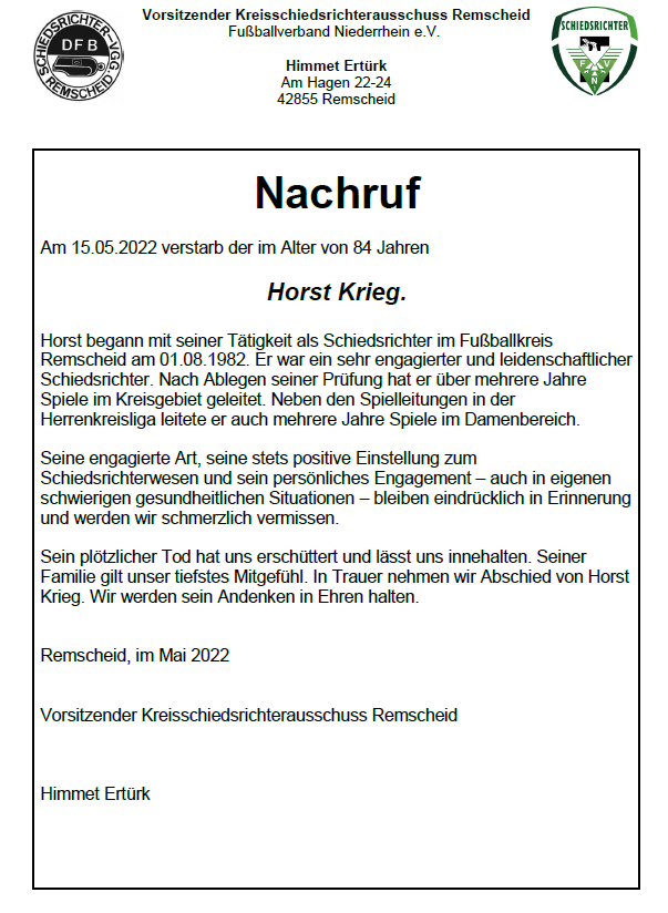 Der Kreis Remscheid trauert um seinen Schiedsrichter Horst Krieg