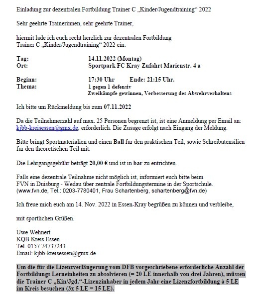 Letzte dezentrale Fortbildung Trainer C-Lizenz Kinder/Jugend 2022 im Kreis Essen