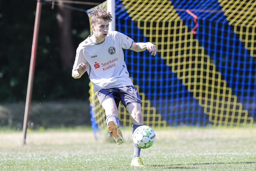 [{"clang_id":1,"value":"Jugendlicher Fußballspieler in weißen und blauen Vereinskleidern dribbelt auf einem grünen Rasen vor einem blauen Fußballtor."}]