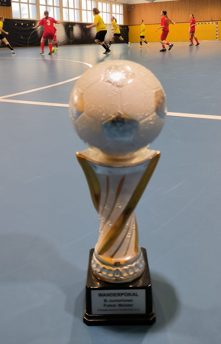 [{"clang_id":1,"value":"Pokal mit Fußballform vor Sporthalle. Im Hintergrund spielende Fußballer in roten und gelben Trikots. Beschriftung am Pokal: \"Wanderpokal\"."}]