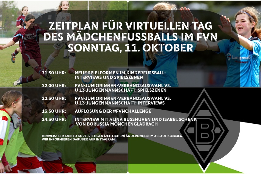 [{"clang_id":1,"value":"Zeitplan für virtuellen Tag des Mädchenfußballs im FVN am 11. Oktober. Zwei Fußballspielerinnen und -spieler im Vordergrund, weitere im Hintergrund. Logo Borussia Mönchengladbach rechts unten."}]