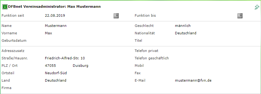 [{"clang_id":1,"value":"DFBnet Vereinsadministrator: Max Mustermann, Geburtsdatum, Adresse, Kontaktdaten (Telefon, E-Mail). Formular zur Erfassung persönlicher Daten."}]