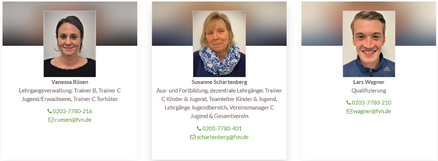 [{"clang_id":1,"value":"Drei Porträtfotos von Frauen und einem Mann mit Namen und Funktion im Fußballverein. Kontaktdaten (Telefon, E-Mail) sind jeweils angegeben."}]