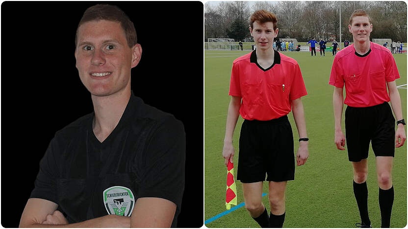[{"clang_id":1,"value":"Zwei Fotos nebeneinander: Links ein Mann in Schiedsrichteruniform, rechts zwei junge Männer in roten Schiedsrichtertrikots auf einem Fußballfeld."}]